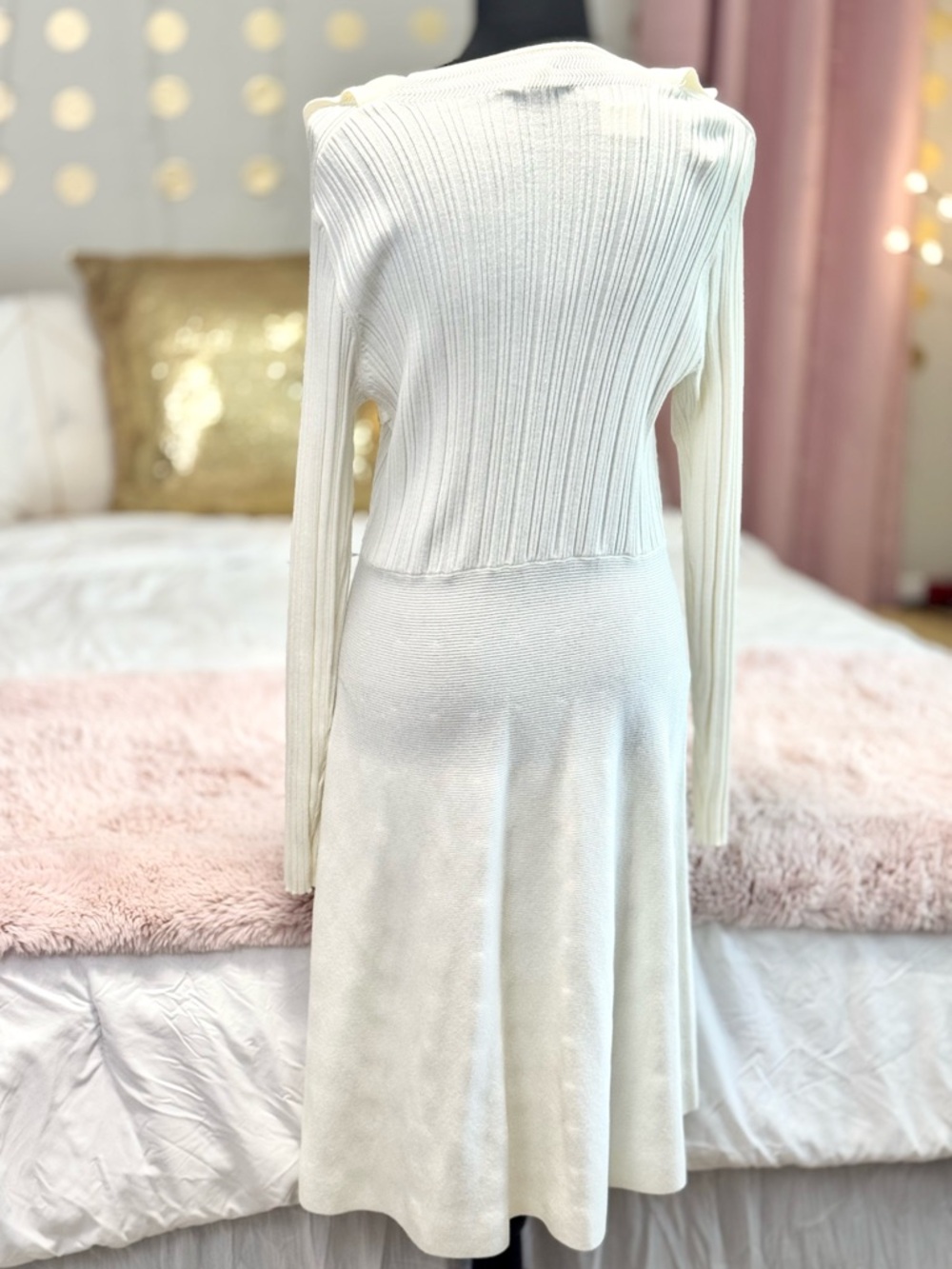 Cato Cream Ribbed Knit Dress Ruffle Strap Long Sleeve Fit & Flare NWT M - Picture 2 of 4